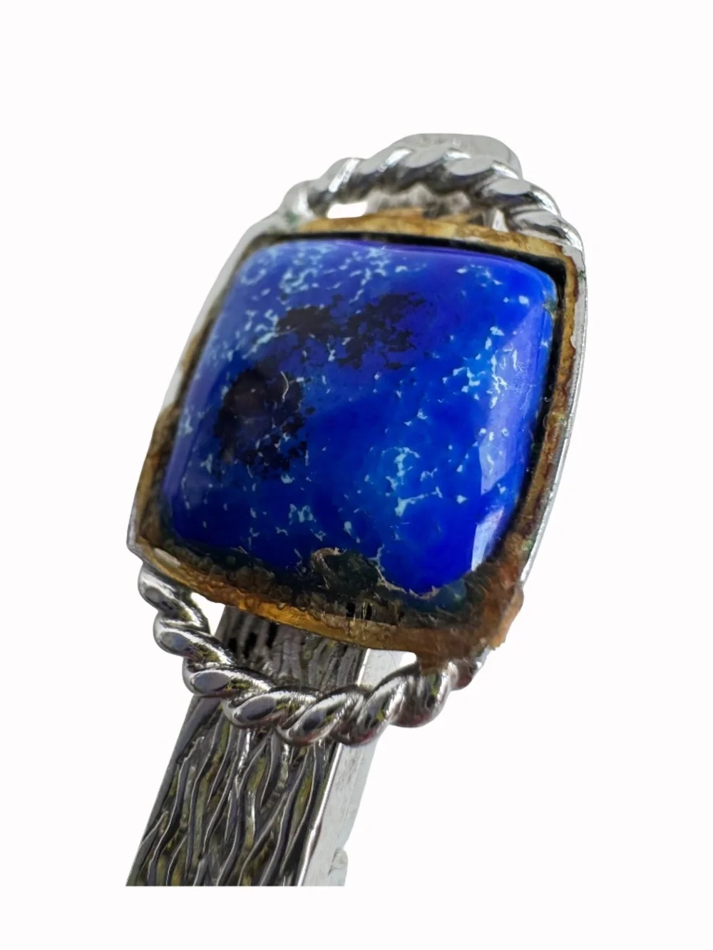 Vintage Cobalt Blue Cloisonne Tie Clip Silver Tone Textured Enamel Bar Groom